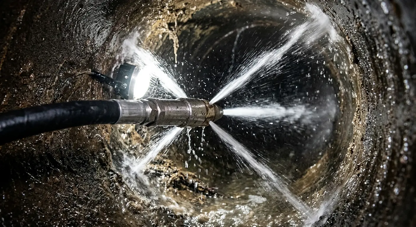 High-pressure hydro jetting nozzle cleaning sewer pipe for Sewer Cleanout in Chester