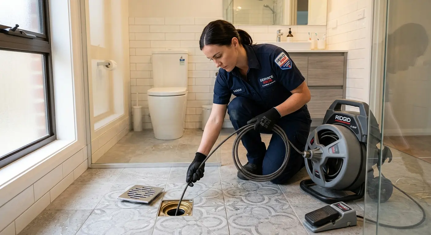 Technician clearing a bathroom floor drain for Drain Repair in Chester